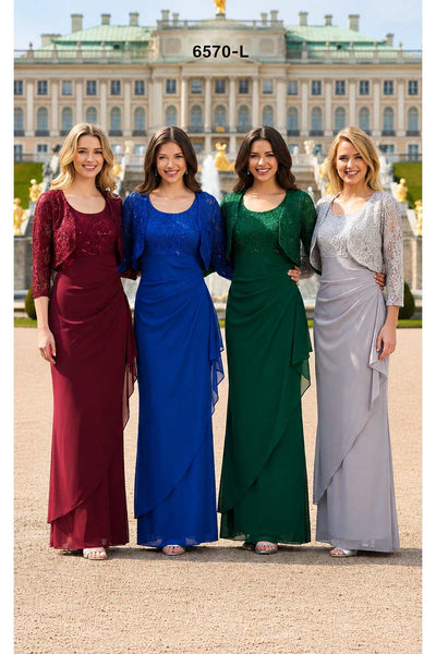 Celavie 6570-L Full Length Chiffon Lace Bodice Evening Dress with Bolero Jacket