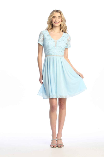 Celavie 6652-S Short Lace Chiffon Dress with Beaded Waist Detail
