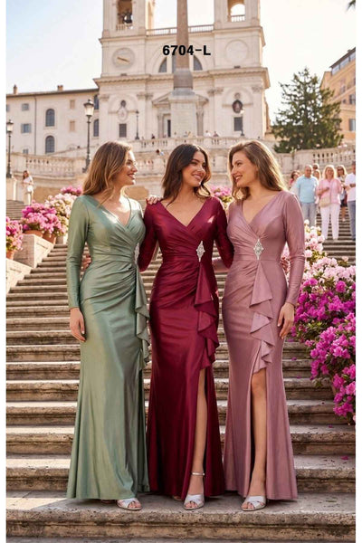 Celavie 6704-L Long Satin Formal Dress with Ruffle Slit & Jeweled Waist