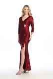 Celavie 6704-L Long Satin Formal Dress with Ruffle Slit & Jeweled Waist