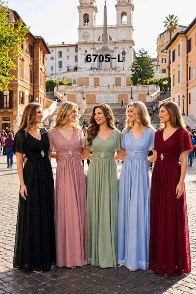 Celavie 6705-L Glitter Design A-Line Formal Dress with Flutter Sleeves