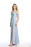 Celavie 6708-L Long Stretch Satin Off-the-Shoulder Formal Dress with Slit