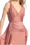 Celavie 6711-L Long Stretch Satin V-Neck Formal Dress with Ruched Waist & Slit