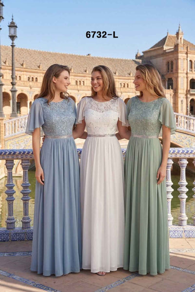 Celavie 6732-L Lace Chiffon A-Line Formal Dress with Flutter Sleeves