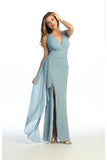Celavie 6739-L Glitter Metallic V-Neck Formal Dress with Draped Ruffle & Slit