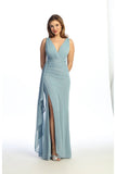Celavie 6739-L Glitter Metallic V-Neck Formal Dress with Draped Ruffle & Slit