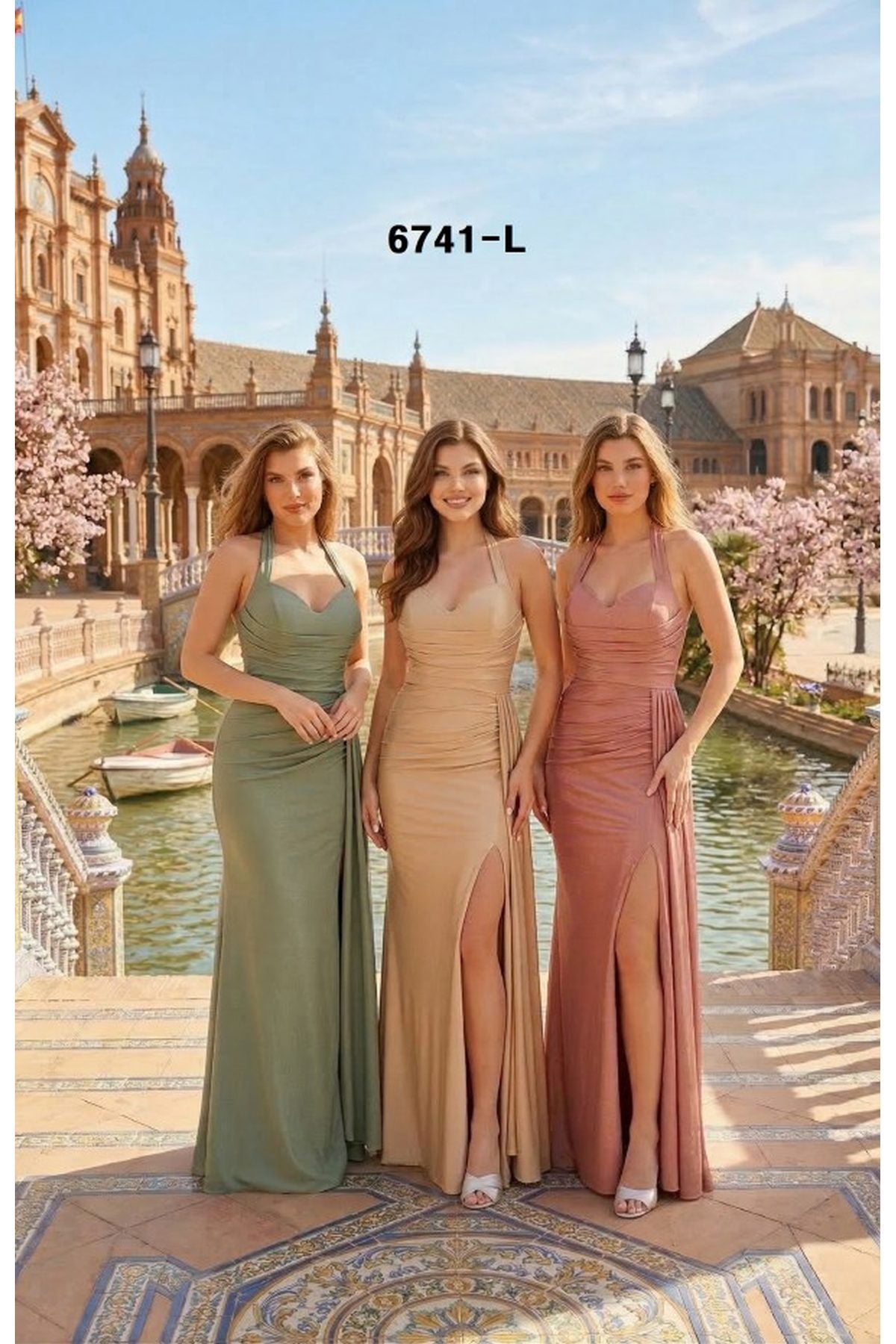 Celavie 6741-L Long Halter Satin Formal Dress with Ruched Bodice & Slit