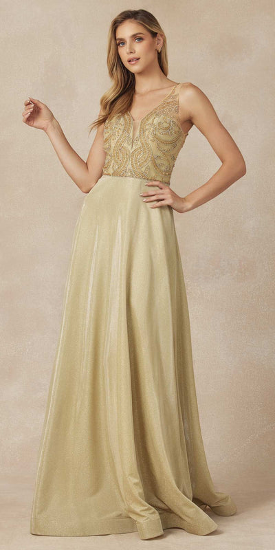 Juliet 699 Metallic Glitter Ice Blue Prom Dress Embellished Bodice V-Neck Sleeveless