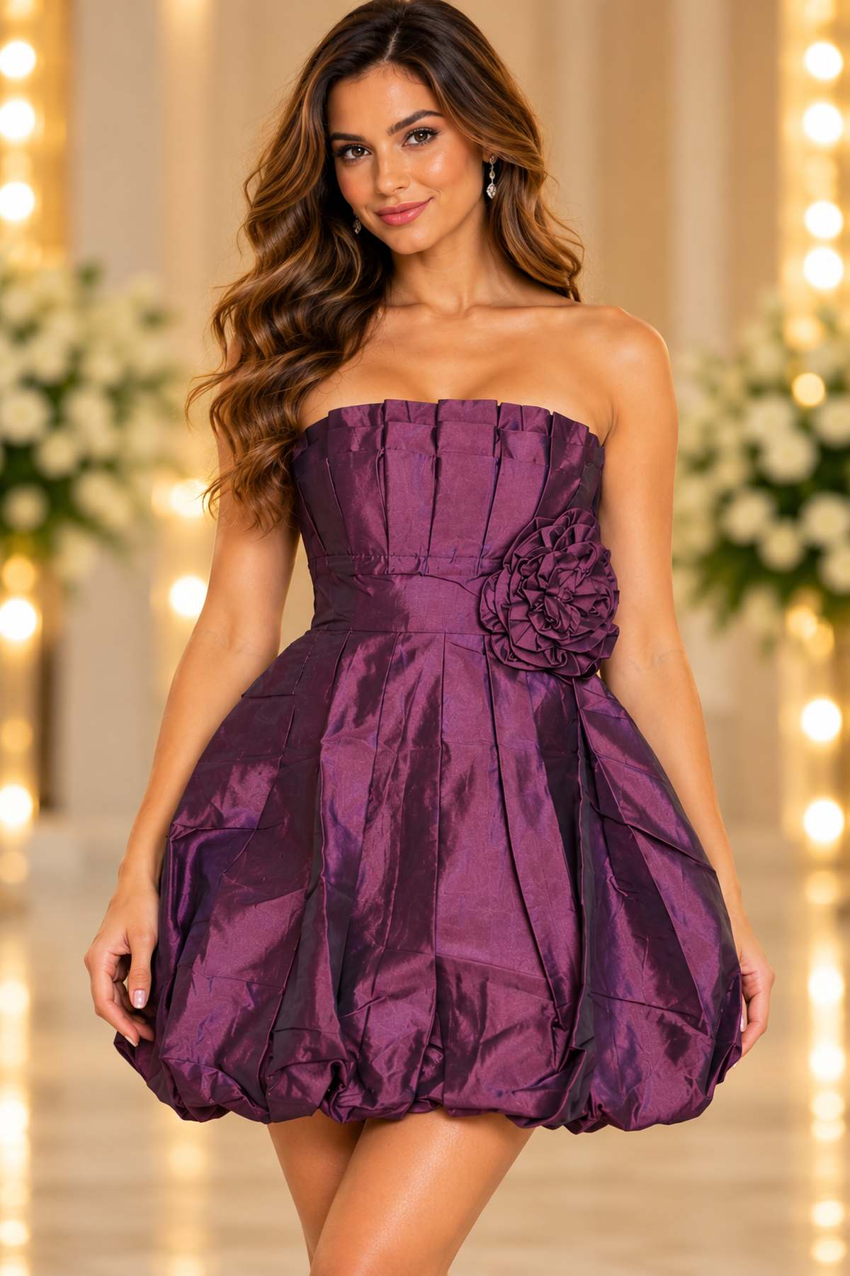 Sweet Andree 74082 Strapless Taffeta Bubble Mini Dress with Floral Detail