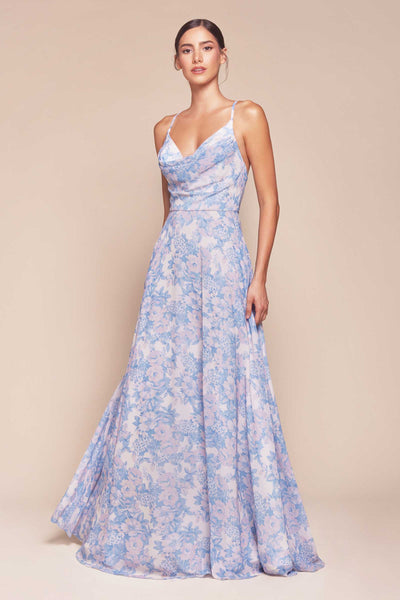 Ladivine 7444 Dress A-Line Soft Satin Print Dress - BLUE