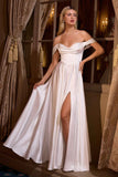 Ladivine 7449W A-Line Fitted Bodice Off the Shoulder Satin Wedding Dress