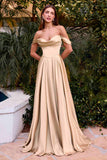 Ladivine 7449 A-Line Fitted Bodice Off the Shoulder Satin Dress
