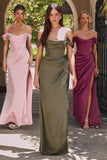 Cinderella Divine 7492 Satin Off the Shoulder Corset Satin Gown