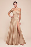 Ladivine 7493 Long A-Line Off the Shoulder Satin Dress