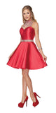 Juliet 770 High Beaded Neckline Sleeveless Short A-Line Satin Dress