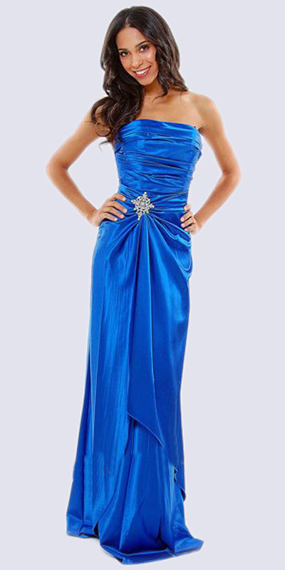 Cinderella Divine 7700 Long Strapless Royal Blue Formal Dress Satin Rhinestone Pleated Bodice