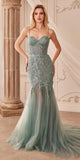 Andrea & Leo A1232 Long Fit and Flare Glitter Tulle Trumpet Gown - Sage Green