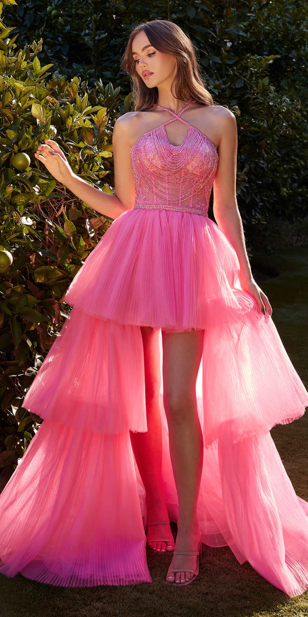 Andrea & Leo A1239 High-Low Halter Strap Beaded Ball Gown - Pink