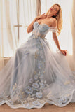 Andrea & Leo A1246 Long Off the Shoulder Floral Applique Tulle Ball Gown - Dusty Blue