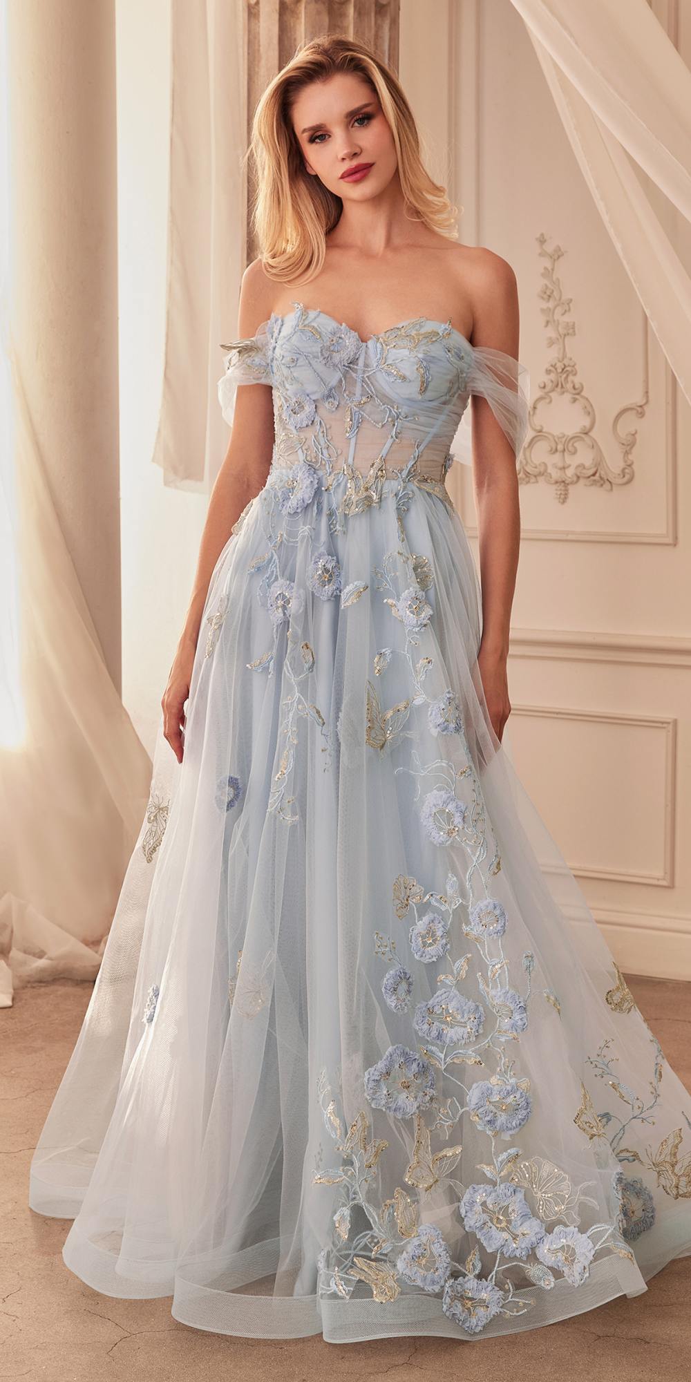Andrea & Leo A1246 Long Off the Shoulder Floral Applique Tulle Ball Gown - Dusty Blue