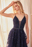 Andrea & Leo A1251 Long V-Neckline Lace Applique A-Line Ball Gown - Navy Blue