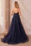 Andrea & Leo A1251 Long V-Neckline Lace Applique A-Line Ball Gown - Navy Blue