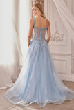 Andrea & Leo A1258 Long Embellished Tulle A-Line Ball Gown - Dusty Blue