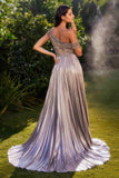 Andrea & Leo A1268 Long One Shoulder Metallic Lame' Pleated Gown