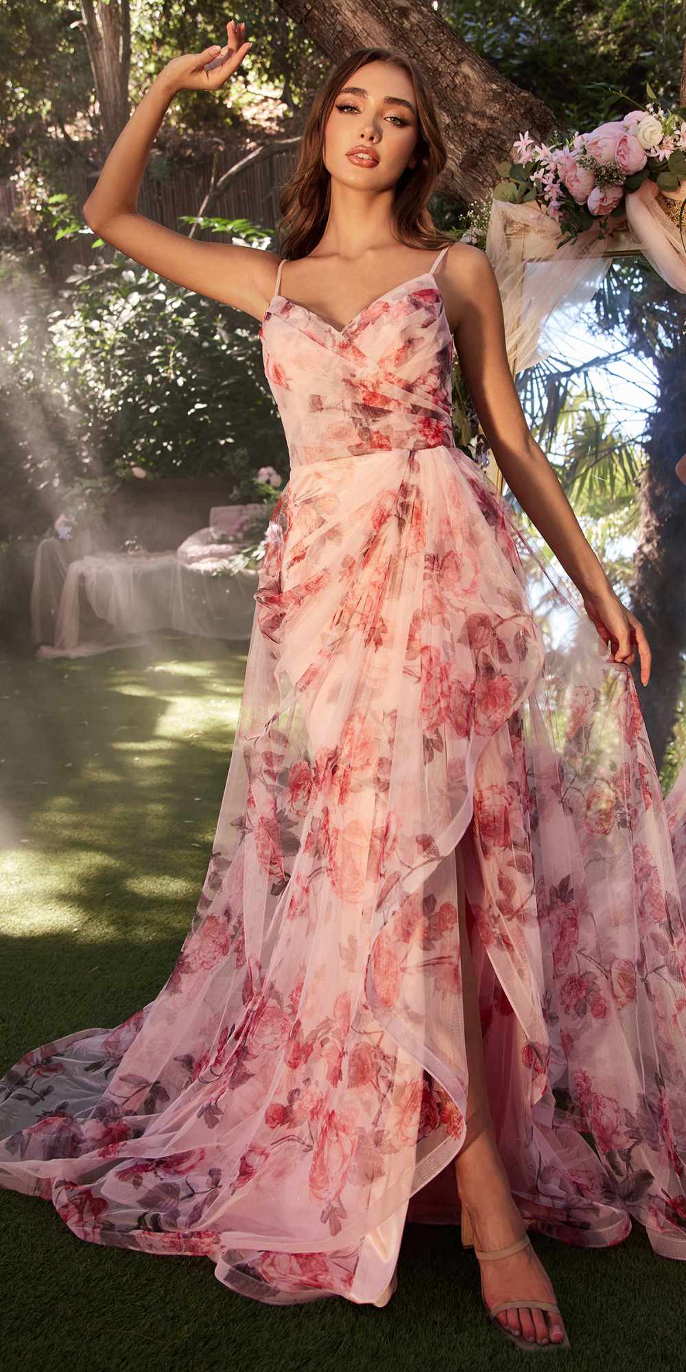 Andrea & Leo A1290 Long A-Line V-Neckline Floral Printed Gown
