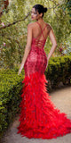 Andrea & Leo A1297 Long Fitted Red Mermaid Gown with Feather Skirt