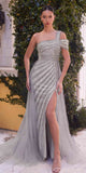 Andrea & Leo A1314 Long One Shoulder Silver Beaded Gown Leg Slit