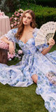 Andrea & Leo A1336 Long Floral Print Puff Sleeve A-line Gown