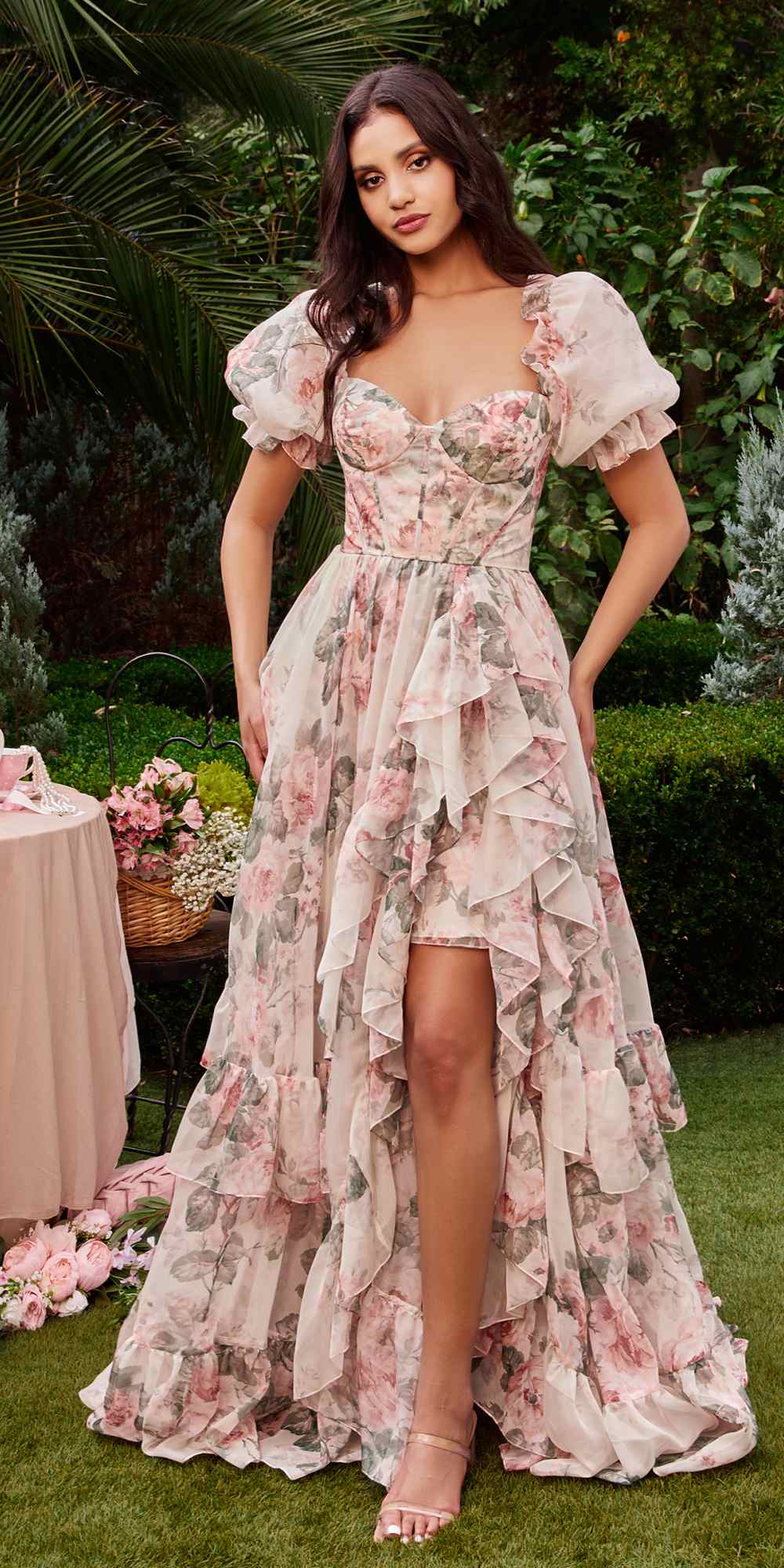 Andrea & Leo A1336 Long Floral Print Puff Sleeve A-line Gown