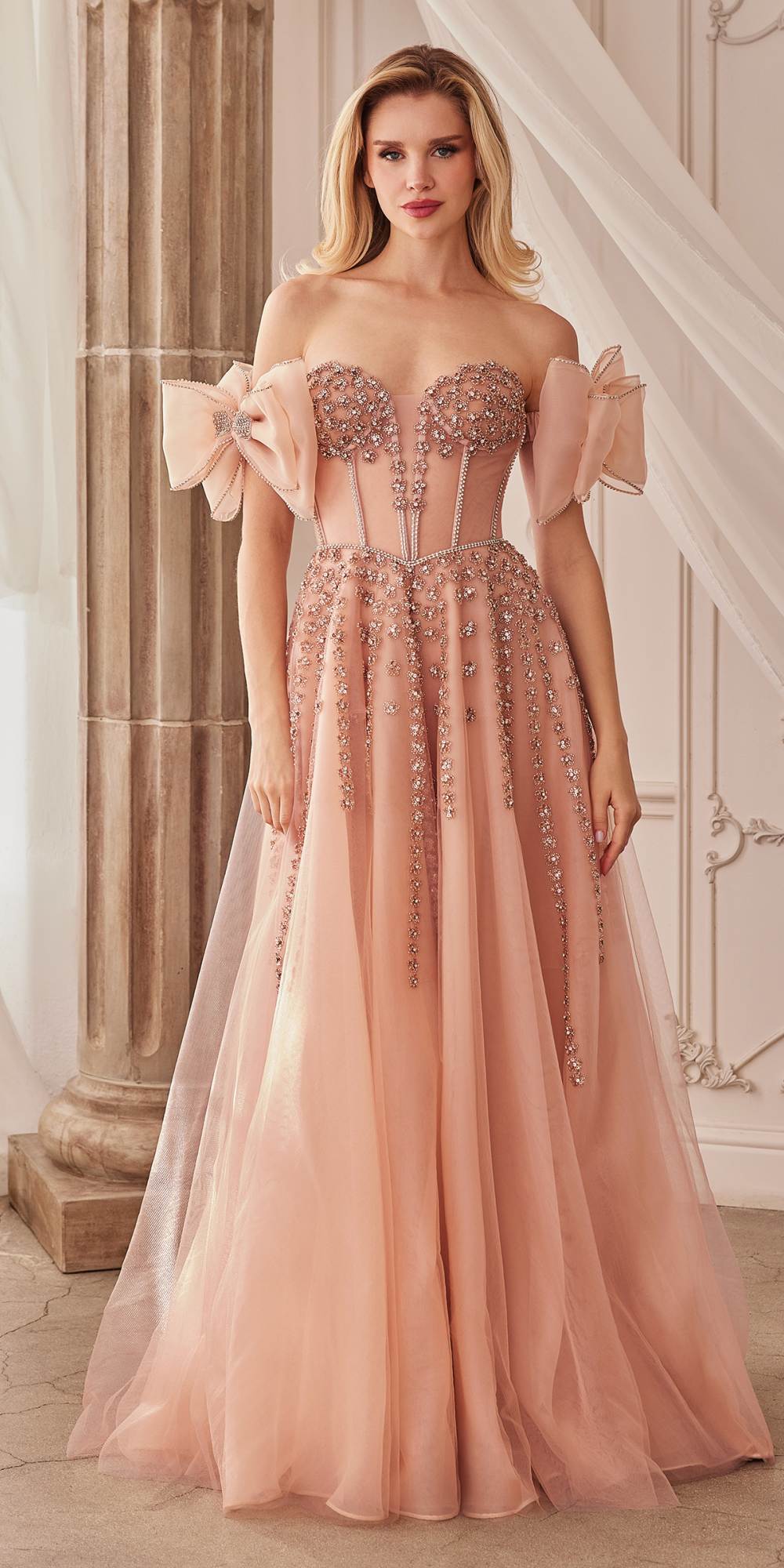 Andrea & Leo A1338 Long Strapless Beaded Gown with Bow Arm Bands - Rose Gold