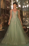 Andrea & Leo A1417 Dress Lace Appliqued A-Line Layered Tulle Gown - SAGE