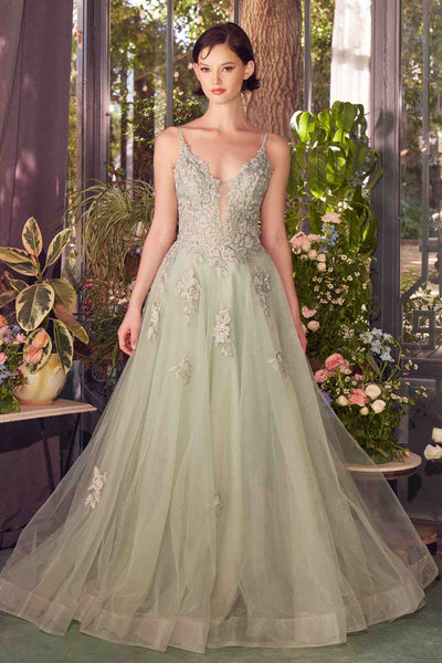 Andrea & Leo A1417 Dress Lace Appliqued A-Line Layered Tulle Gown - SAGE