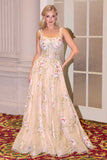 Andrea & Leo A1480 Long A-Line Floral Embroidered Straps Tulle Gown