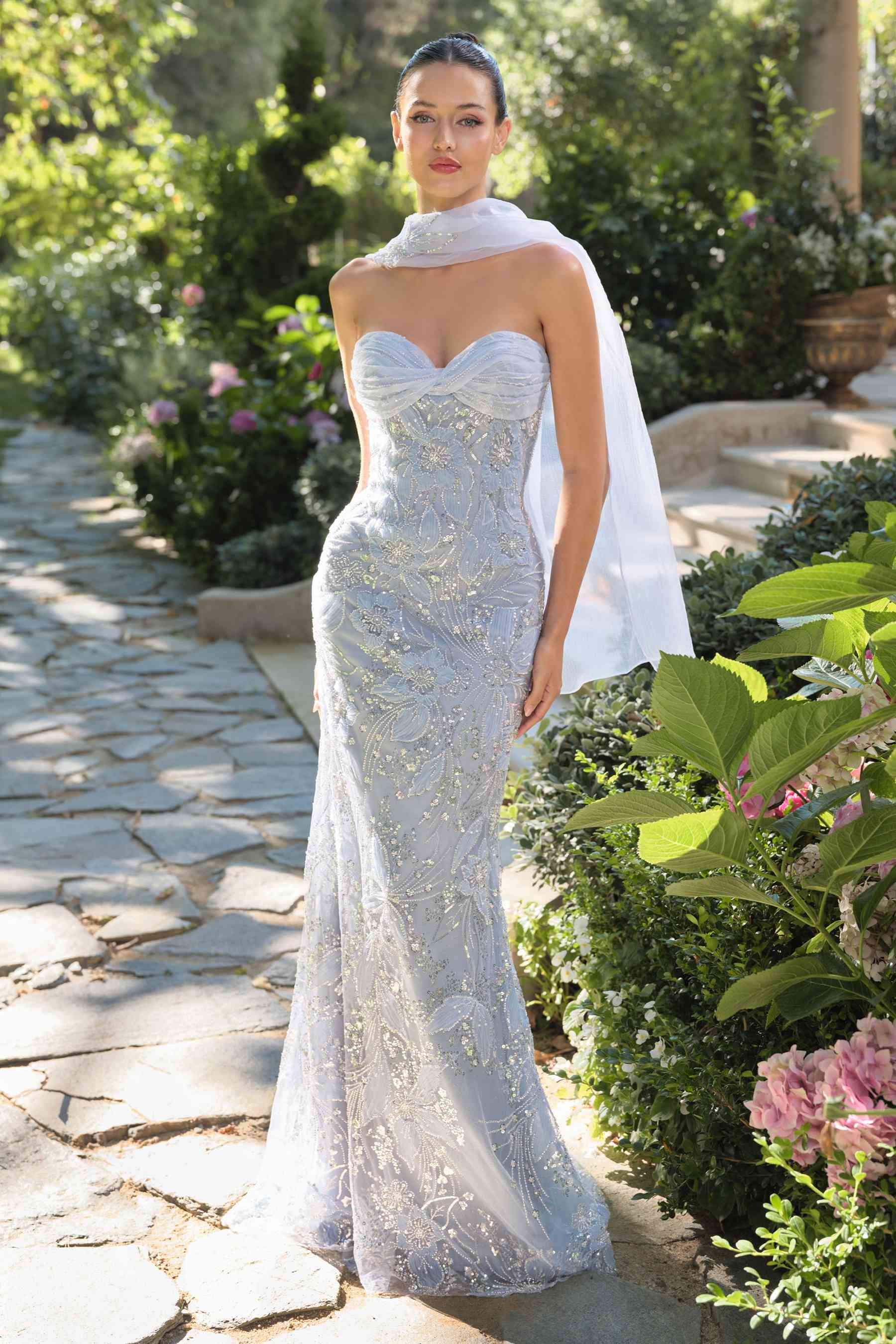 Andrea & Leo A1484 Fitted Gown Strapless Sweetheart Embroidered Floral Motif