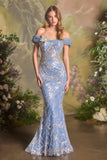 Andrea & Leo A1496 Fitted Off the Shoulder Sequin Pattern Formal Dress