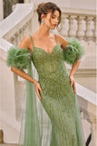 Andrea & Leo A1515 Fitted Beaded Gown with Ruffle Tulle Cape
