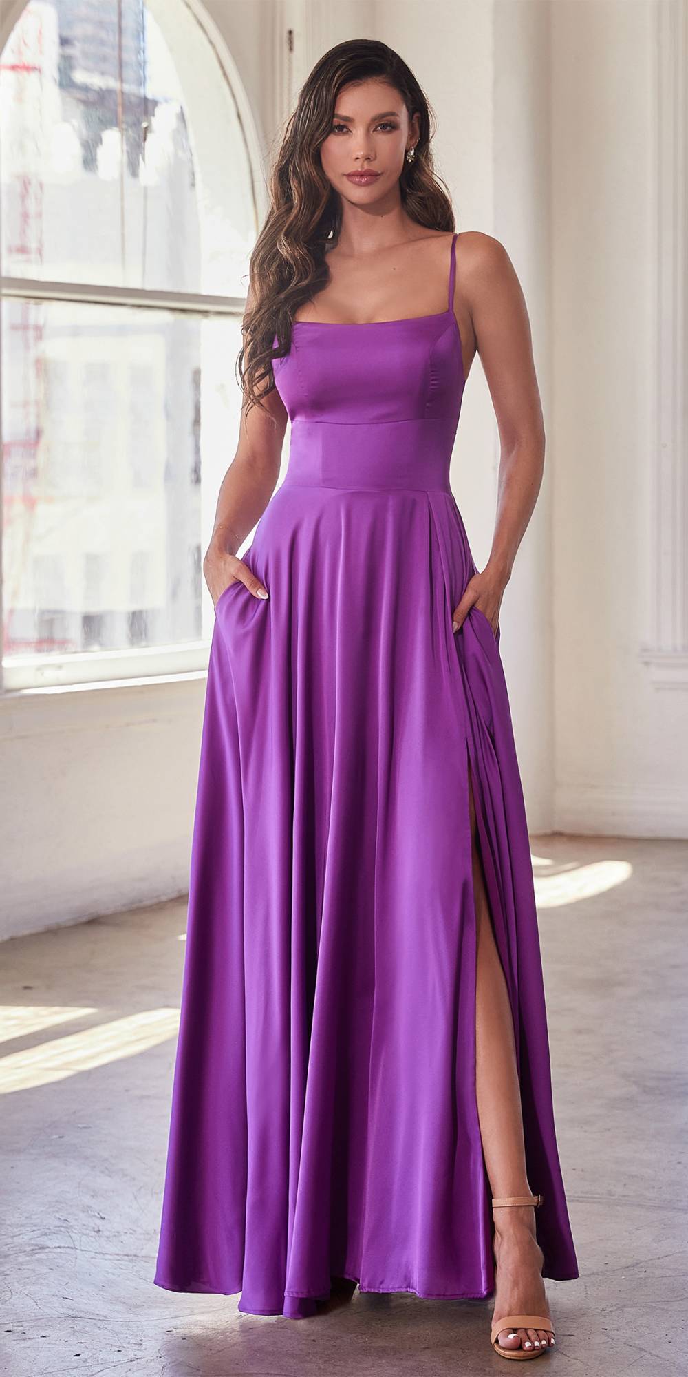 Ladivine B8402 Long Square Neck Pockets Satin A-Line Gown - Purple / XS