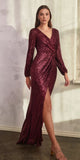 Ladivine B8422 Long Sleeve V-Neckline Leg Slit Sequin Gown