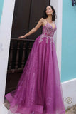 Nox Anabel C1407 Long V-Neck Thin Strap Glitter A-Line Tulle Gown