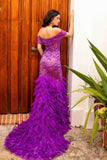 Nox Anabel C1461 Long Off Shoulder Embellished Mermaid Gown Feather Skirt