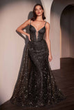 Ladivine C167 Dress Glitter Printed Fitted Gown With Overskirt - black