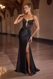 Ladivine C172 Spaghetti Strap Fitted Plunging Neckline Leg Slit Formal Gown