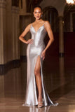 Ladivine CB163 Fitted Slight Flare Illusion V-Neckline Stretch Gown