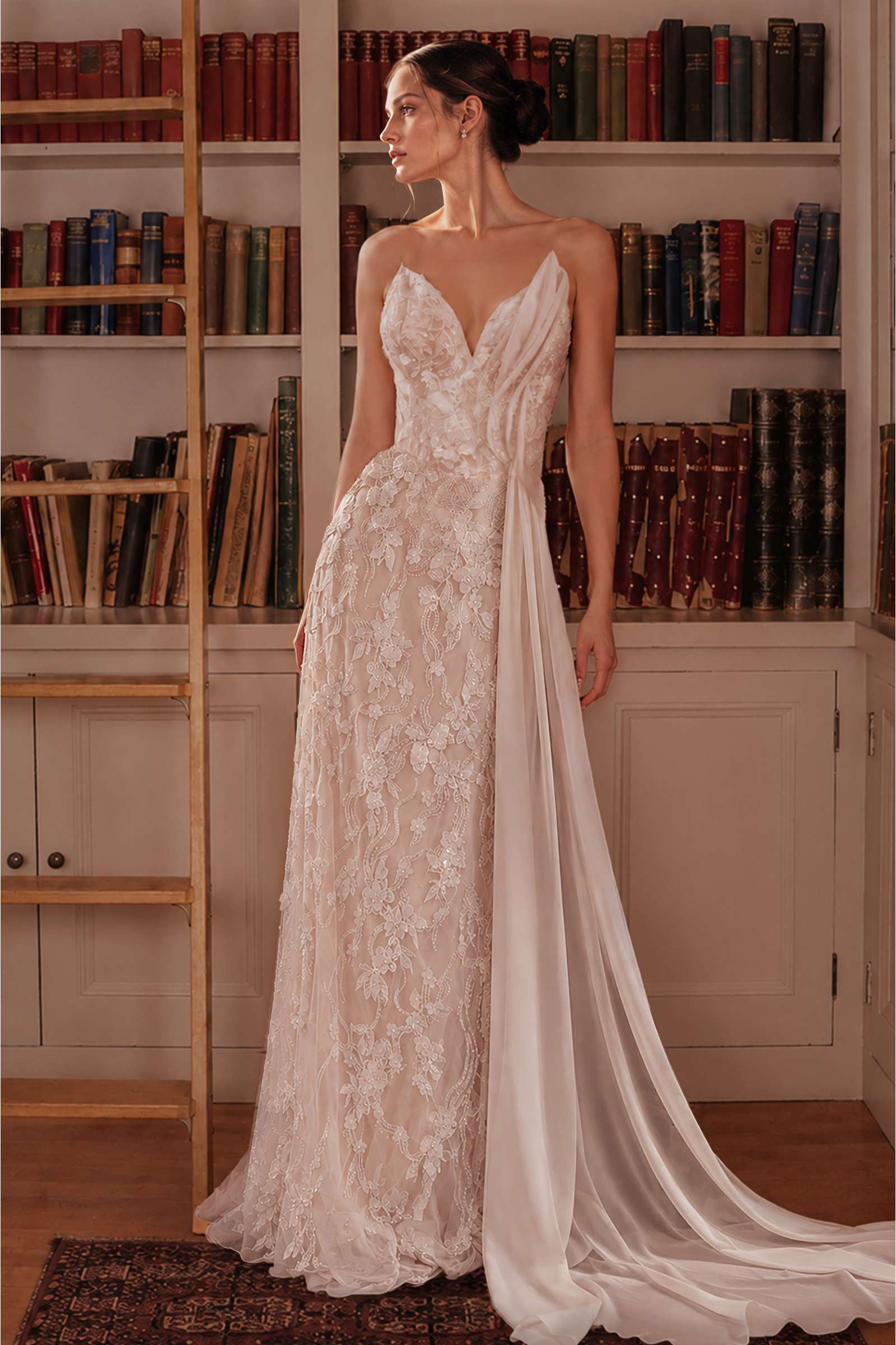 Ladivine CB168W Fitted Bridal Gown Plunging Neckline Side Sash Panel