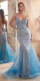 Ladivine CC2253 Long Glitter Latice Motif Tulle Fitted Mermaid Gown