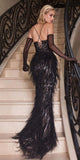 Ladivine CC2358 Long Feather Embellished Fitted Evening Gown